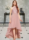 June A-Line Scoop Neck Asymmetrical Chiffon Lace Junior Bridesmaid Dress DKP0013388