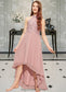 June A-Line Scoop Neck Asymmetrical Chiffon Lace Junior Bridesmaid Dress DKP0013388