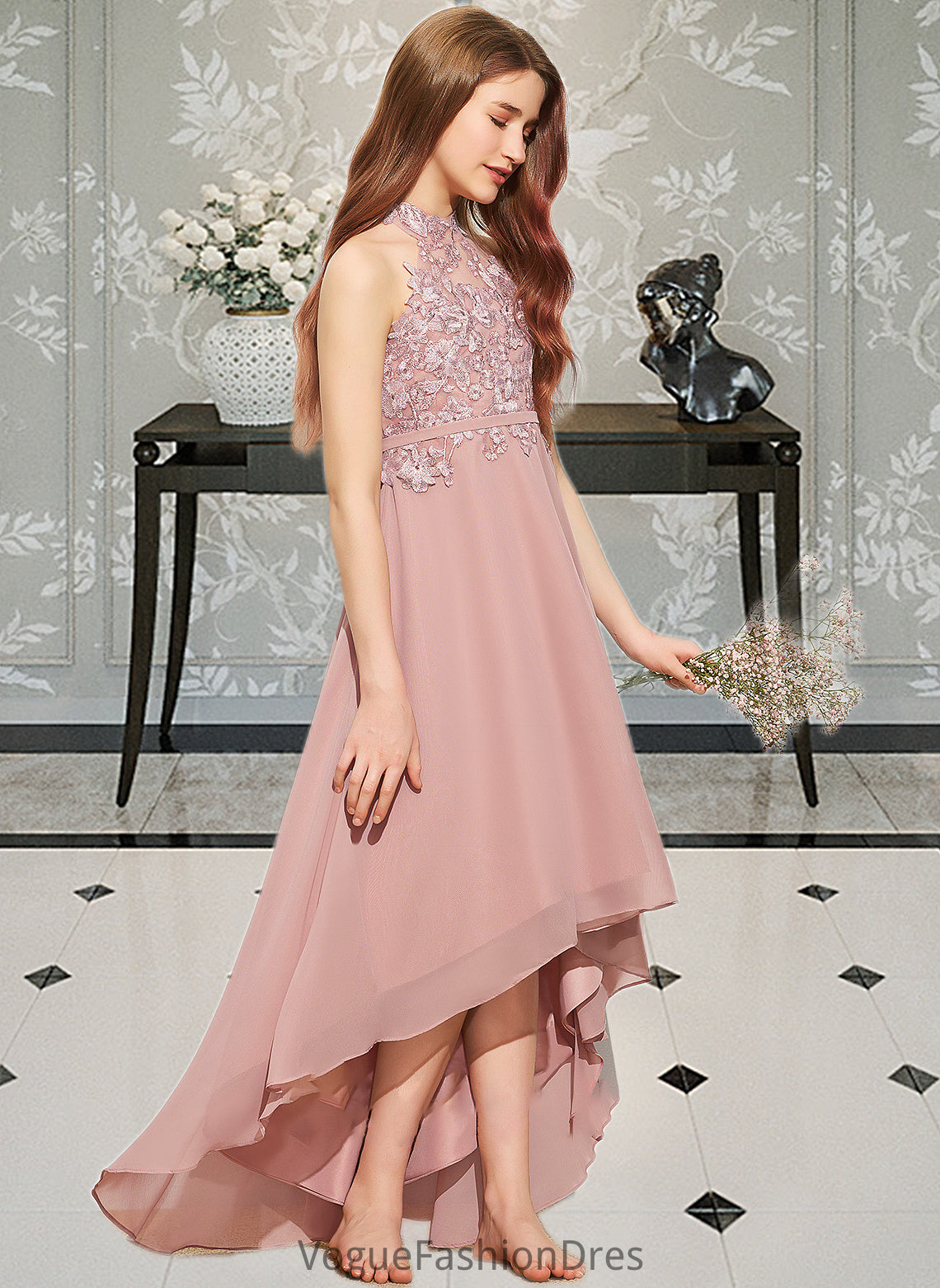 June A-Line Scoop Neck Asymmetrical Chiffon Lace Junior Bridesmaid Dress DKP0013388