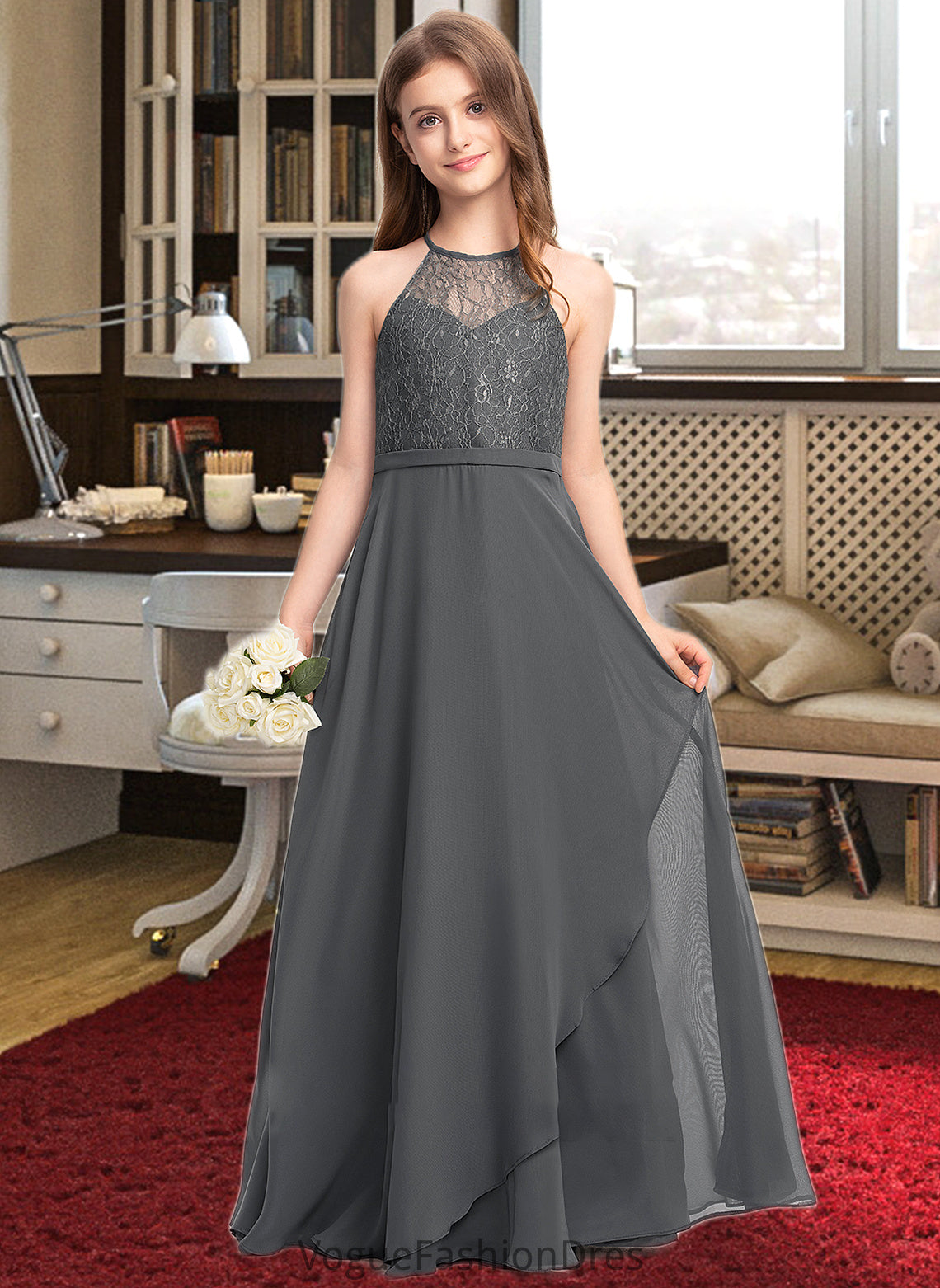 Gabrielle A-Line Scoop Neck Floor-Length Chiffon Lace Junior Bridesmaid Dress With Cascading Ruffles DKP0013389