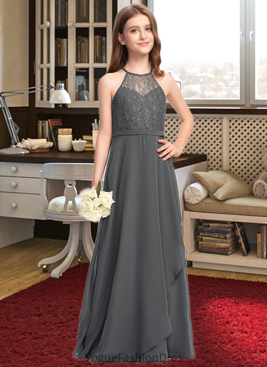 Gabrielle A-Line Scoop Neck Floor-Length Chiffon Lace Junior Bridesmaid Dress With Cascading Ruffles DKP0013389