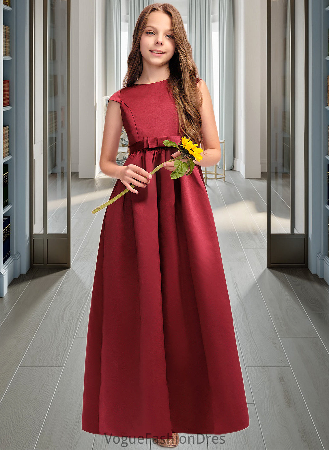 Norah A-Line Scoop Neck Floor-Length Satin Junior Bridesmaid Dress With Bow(s) Pockets DKP0013391