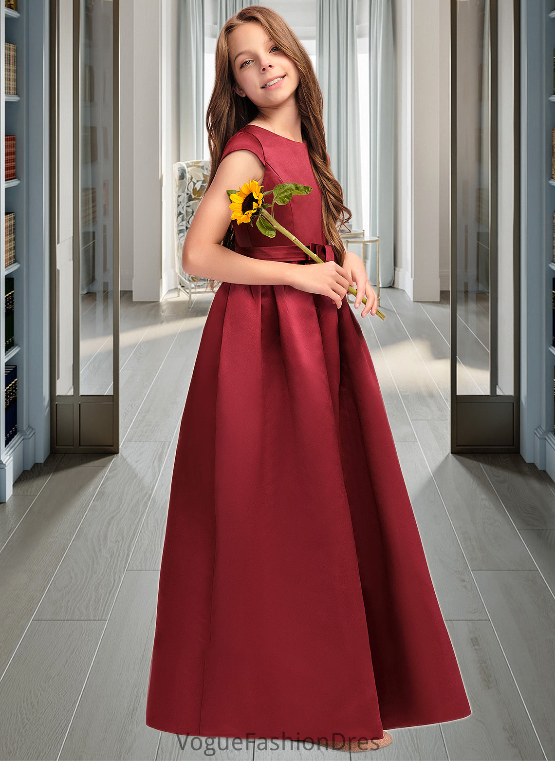 Norah A-Line Scoop Neck Floor-Length Satin Junior Bridesmaid Dress With Bow(s) Pockets DKP0013391