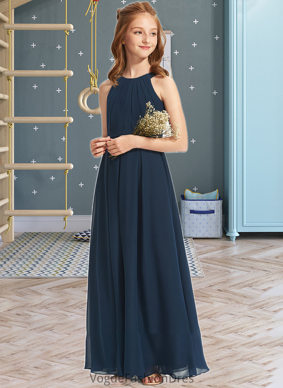 Angie A-Line Scoop Neck Floor-Length Chiffon Junior Bridesmaid Dress With Ruffle DKP0013397