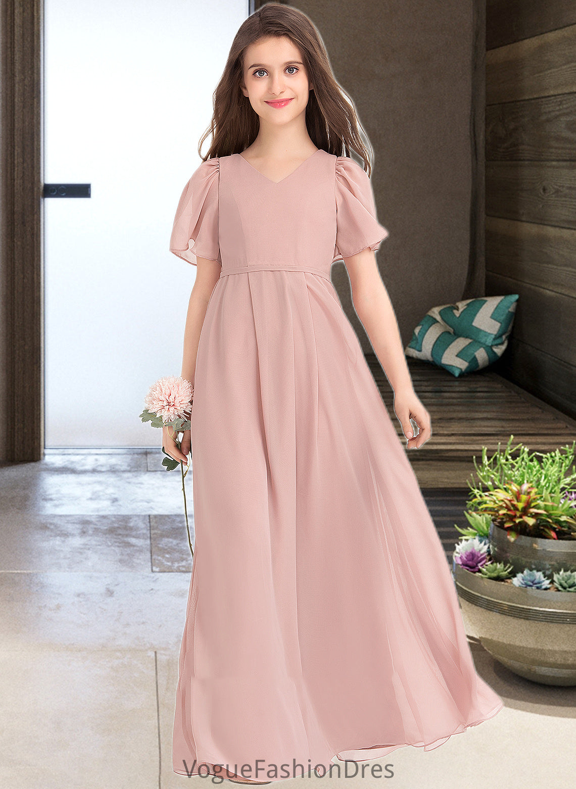 Madelyn A-Line V-neck Floor-Length Chiffon Junior Bridesmaid Dress With Bow(s) DKP0013399