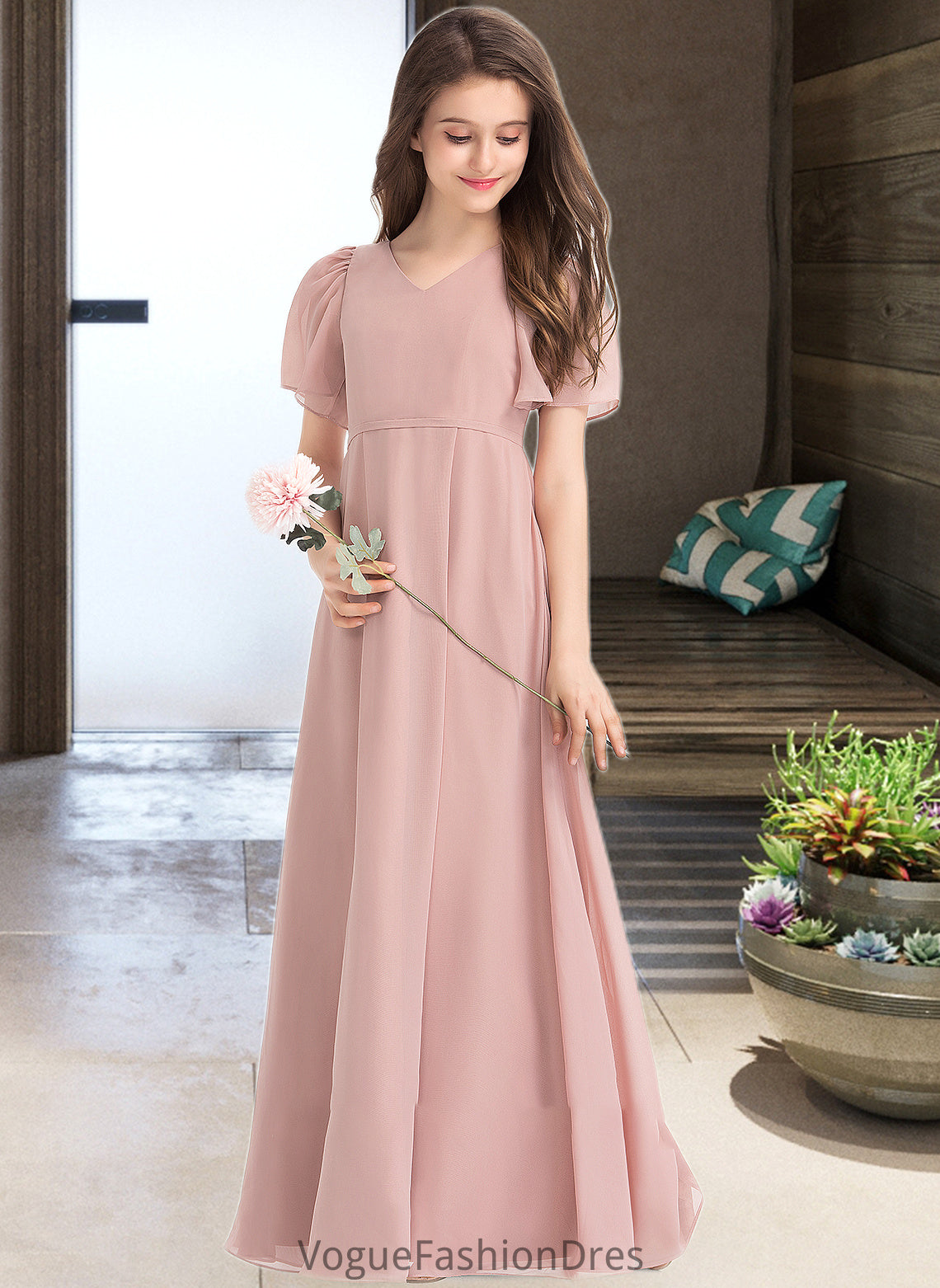 Madelyn A-Line V-neck Floor-Length Chiffon Junior Bridesmaid Dress With Bow(s) DKP0013399