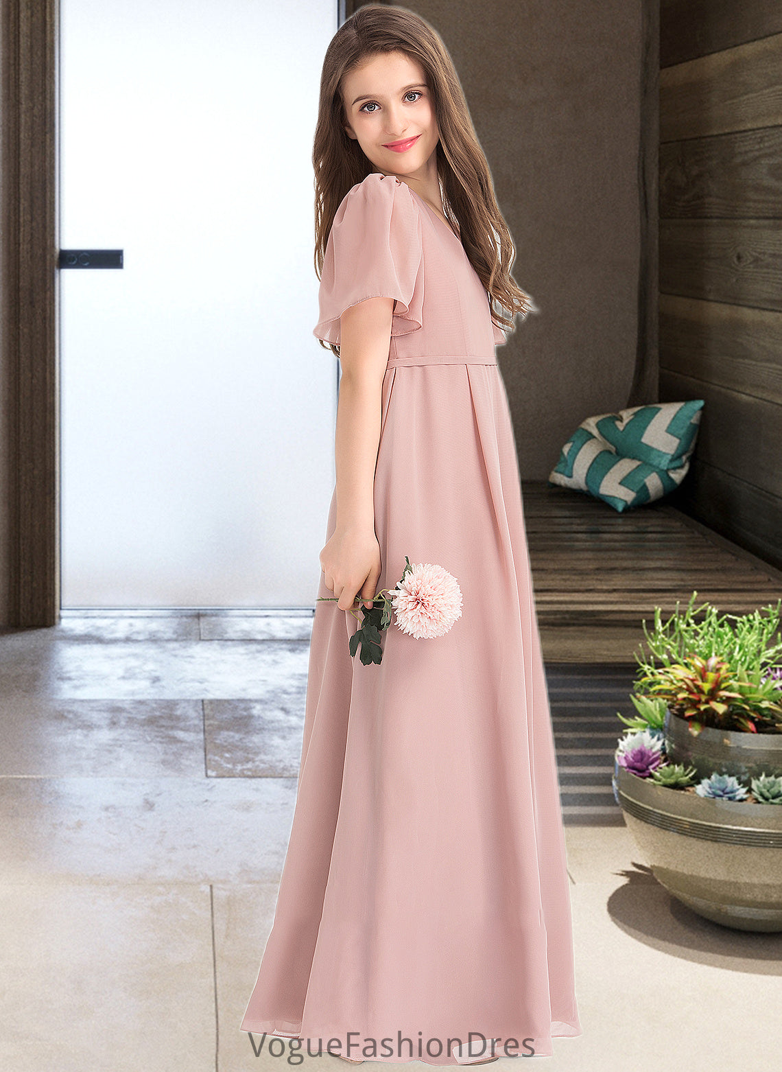 Madelyn A-Line V-neck Floor-Length Chiffon Junior Bridesmaid Dress With Bow(s) DKP0013399