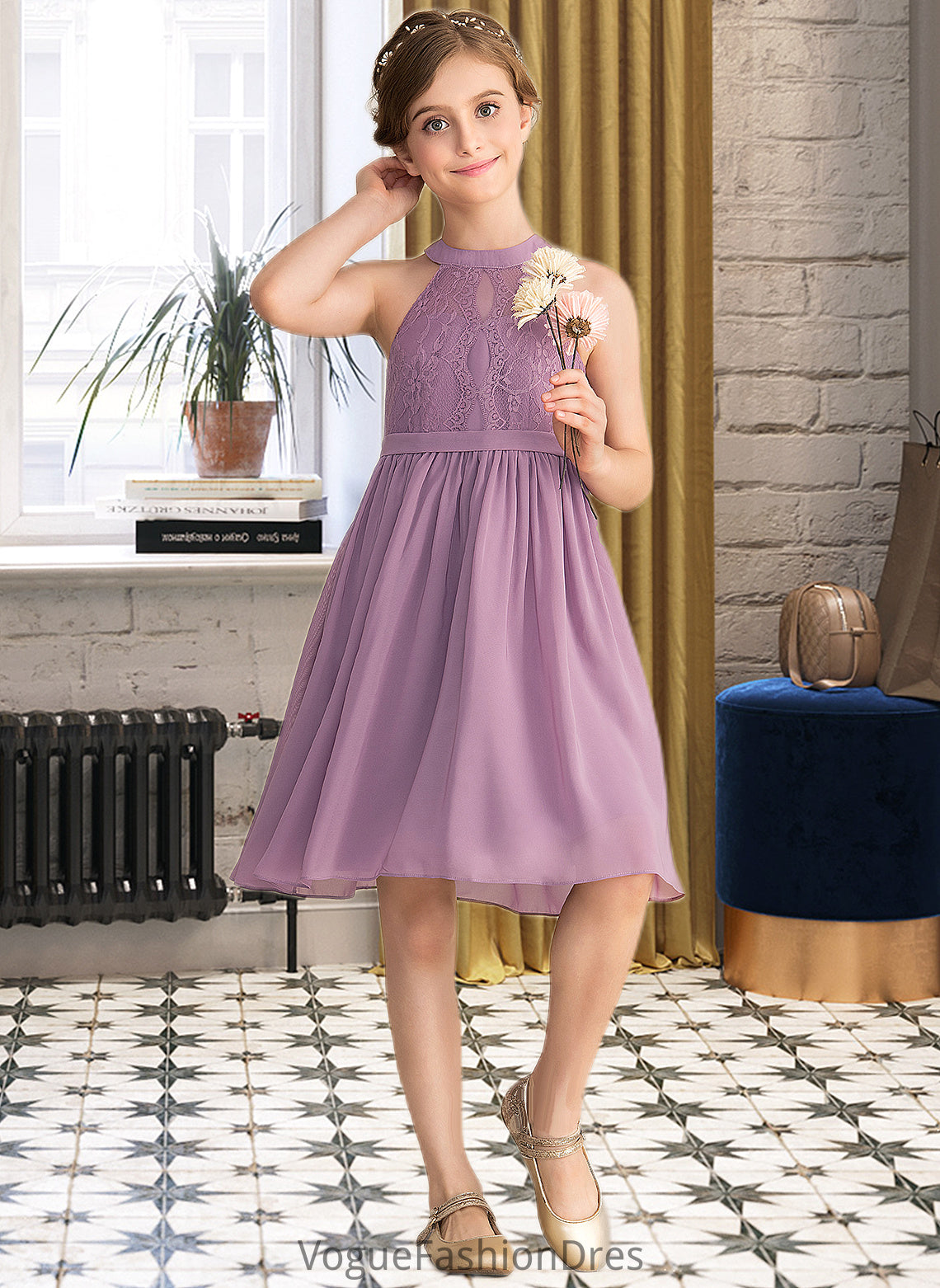 Janice A-Line Scoop Neck Knee-Length Chiffon Lace Junior Bridesmaid Dress DKP0013401