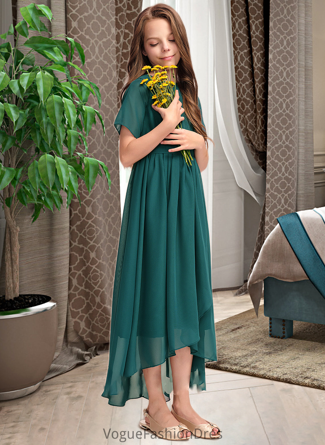 Aimee A-Line Scoop Neck Asymmetrical Chiffon Junior Bridesmaid Dress With Ruffle Bow(s) DKP0013403