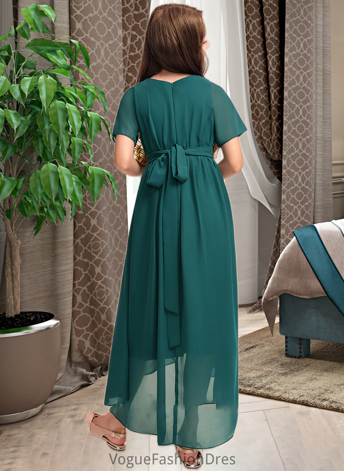 Aimee A-Line Scoop Neck Asymmetrical Chiffon Junior Bridesmaid Dress With Ruffle Bow(s) DKP0013403