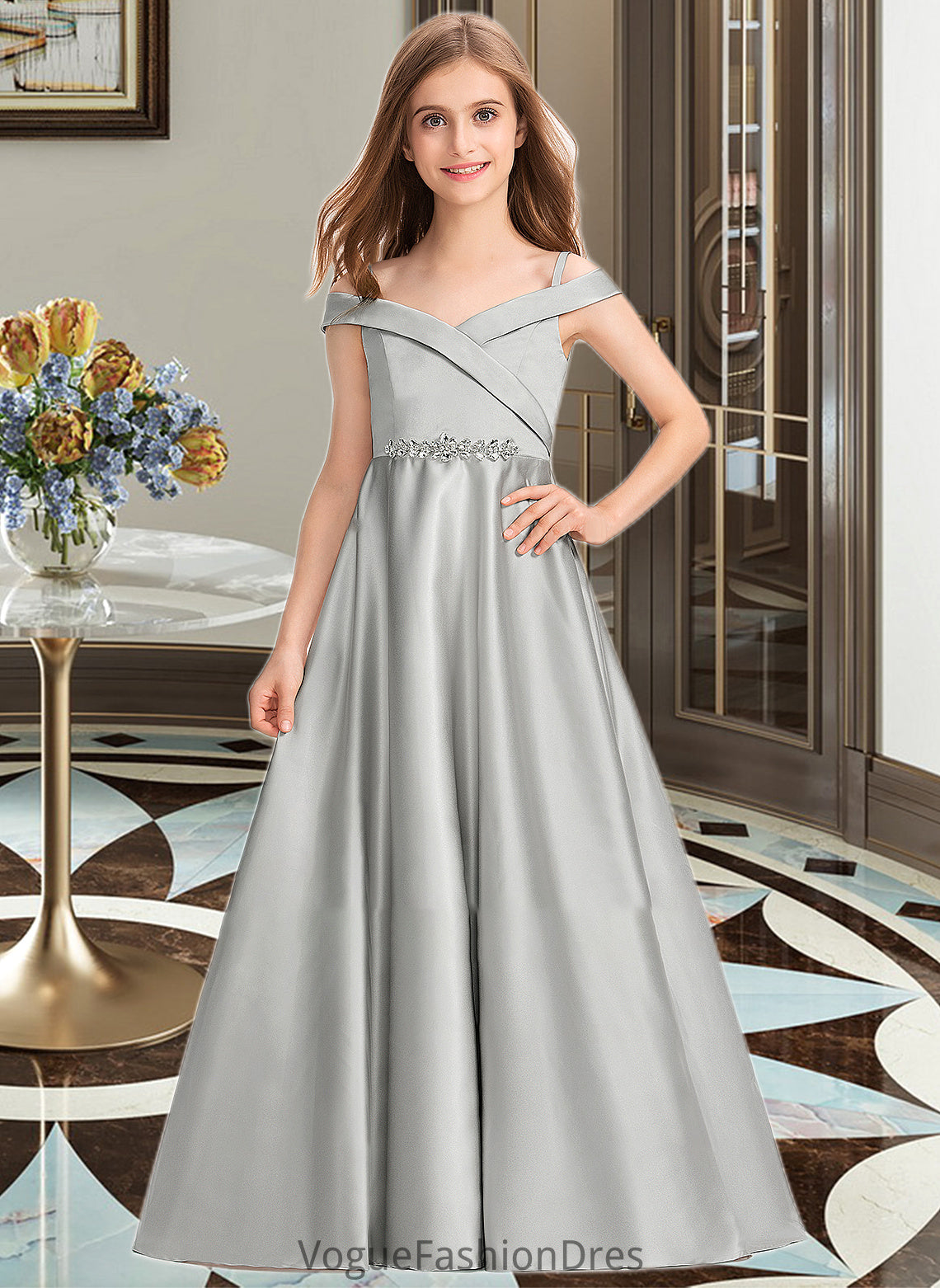 Ashleigh Ball-Gown/Princess Off-the-Shoulder Floor-Length Satin Junior Bridesmaid Dress DKP0013404