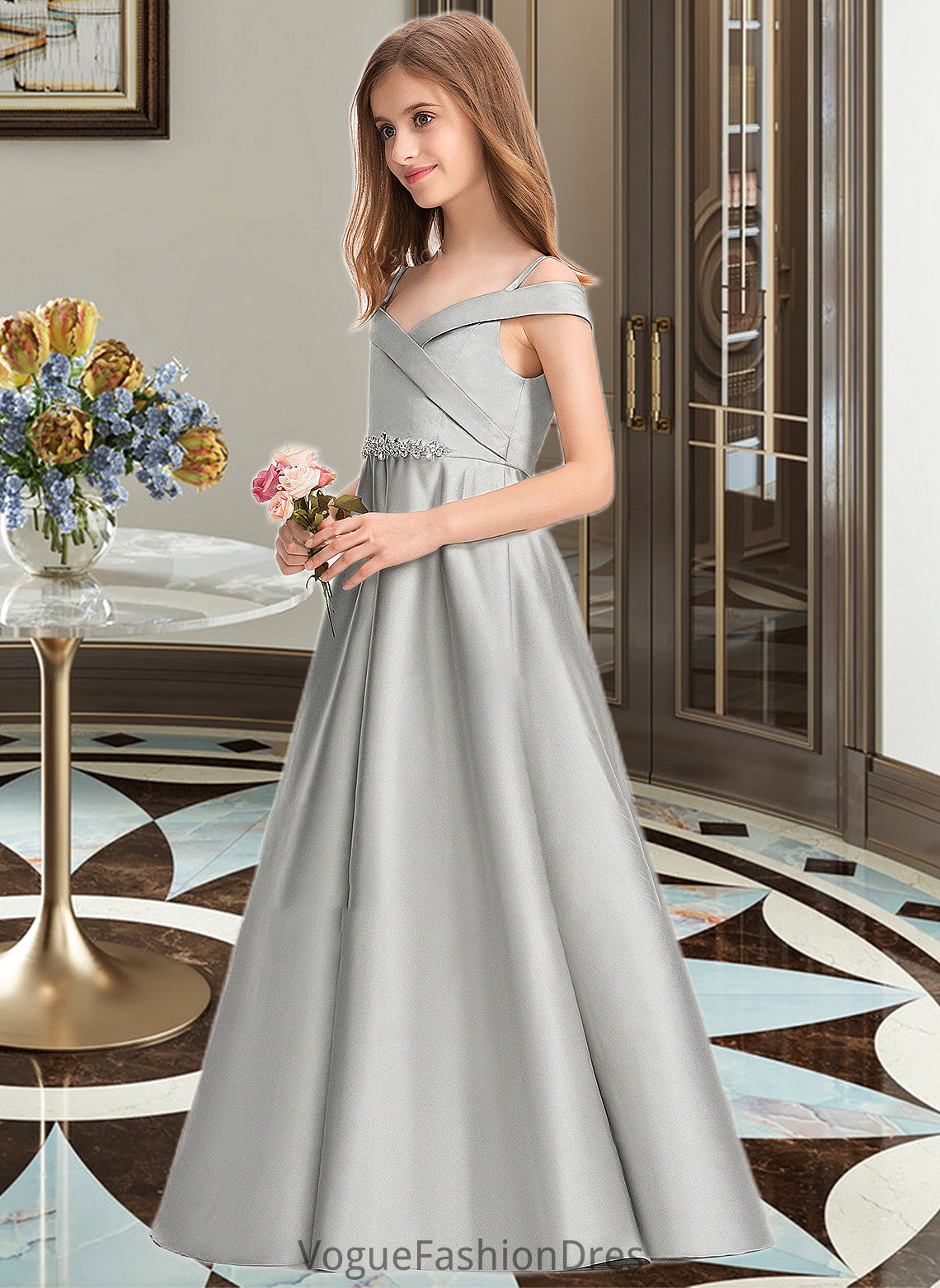 Ashleigh Ball-Gown/Princess Off-the-Shoulder Floor-Length Satin Junior Bridesmaid Dress DKP0013404