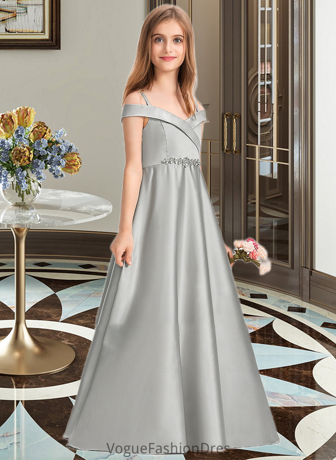 Ashleigh Ball-Gown/Princess Off-the-Shoulder Floor-Length Satin Junior Bridesmaid Dress DKP0013404