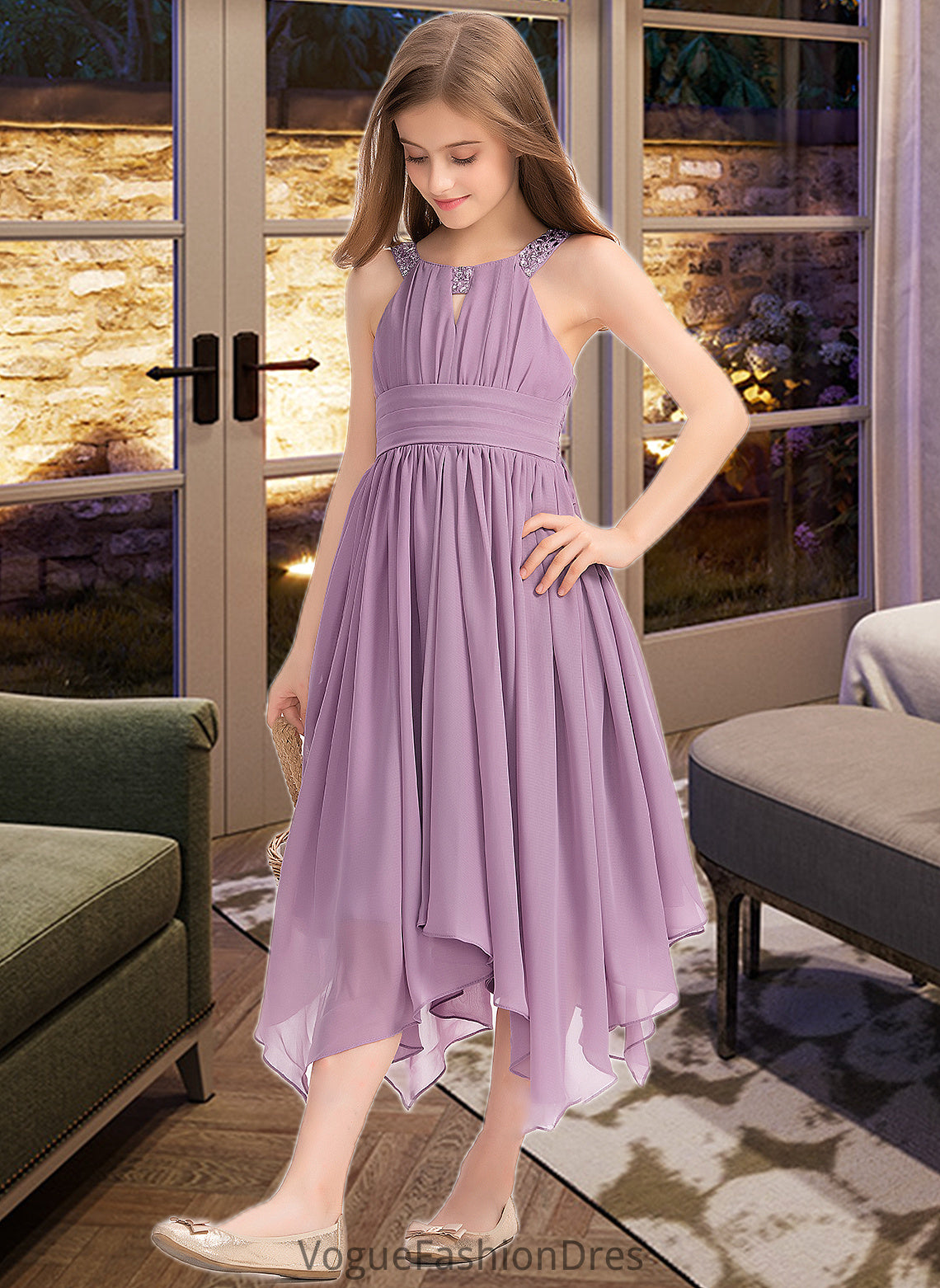 Mia A-Line Scoop Neck Tea-Length Chiffon Junior Bridesmaid Dress With Ruffle Beading Bow(s) DKP0013406