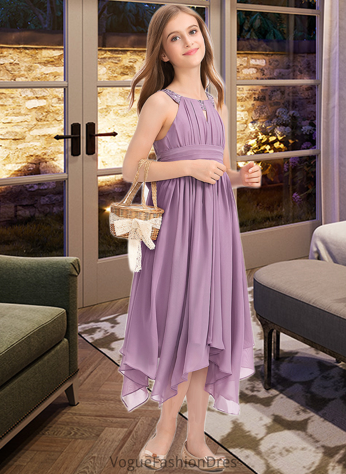 Mia A-Line Scoop Neck Tea-Length Chiffon Junior Bridesmaid Dress With Ruffle Beading Bow(s) DKP0013406