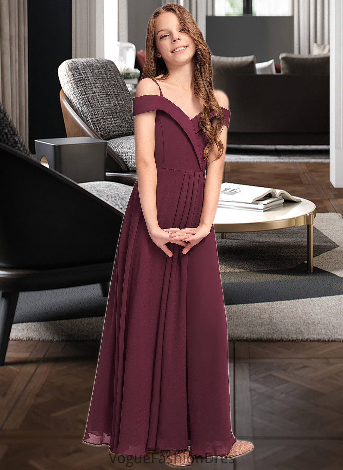 Raven A-Line Off-the-Shoulder Floor-Length Chiffon Junior Bridesmaid Dress DKP0013408