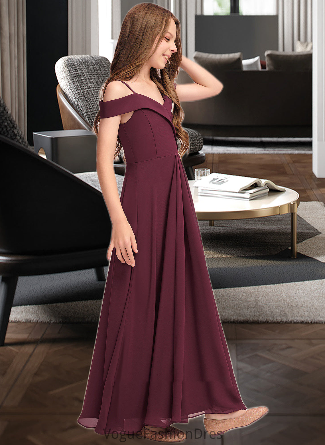 Raven A-Line Off-the-Shoulder Floor-Length Chiffon Junior Bridesmaid Dress DKP0013408