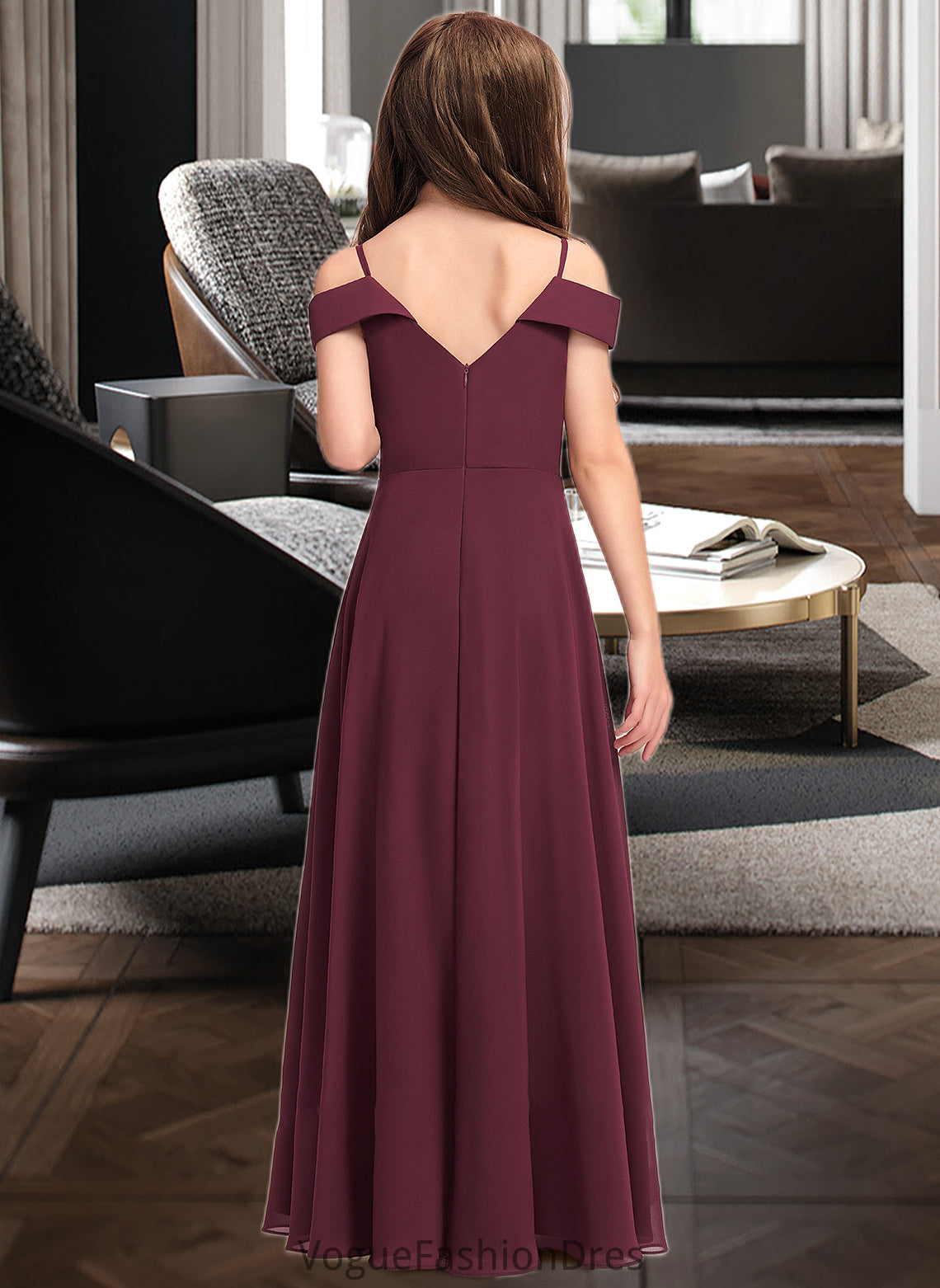 Raven A-Line Off-the-Shoulder Floor-Length Chiffon Junior Bridesmaid Dress DKP0013408