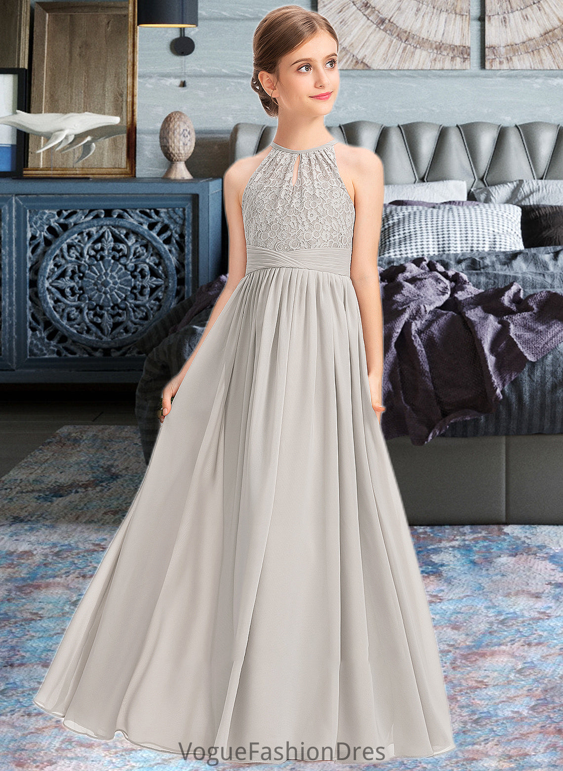 Cheyenne A-Line Scoop Neck Floor-Length Chiffon Lace Junior Bridesmaid Dress With Ruffle DKP0013409