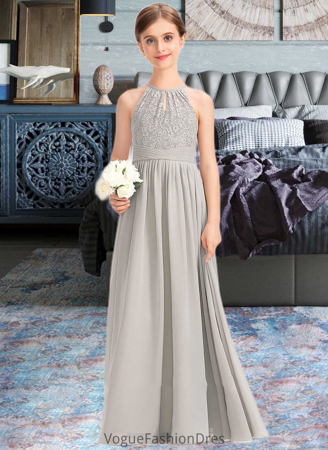 Cheyenne A-Line Scoop Neck Floor-Length Chiffon Lace Junior Bridesmaid Dress With Ruffle DKP0013409