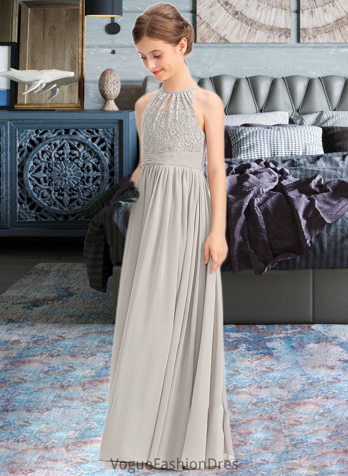 Cheyenne A-Line Scoop Neck Floor-Length Chiffon Lace Junior Bridesmaid Dress With Ruffle DKP0013409