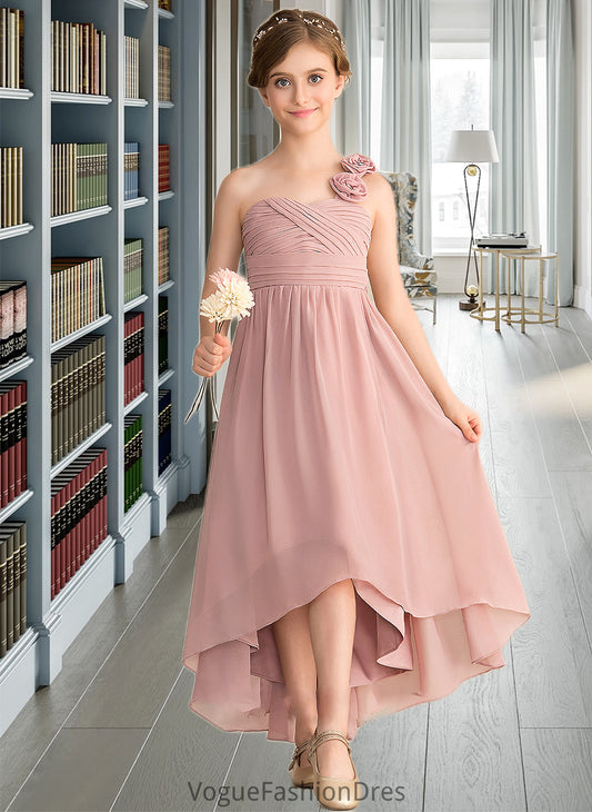 Keyla A-Line One-Shoulder Asymmetrical Chiffon Junior Bridesmaid Dress With Ruffle Flower(s) Bow(s) DKP0013410