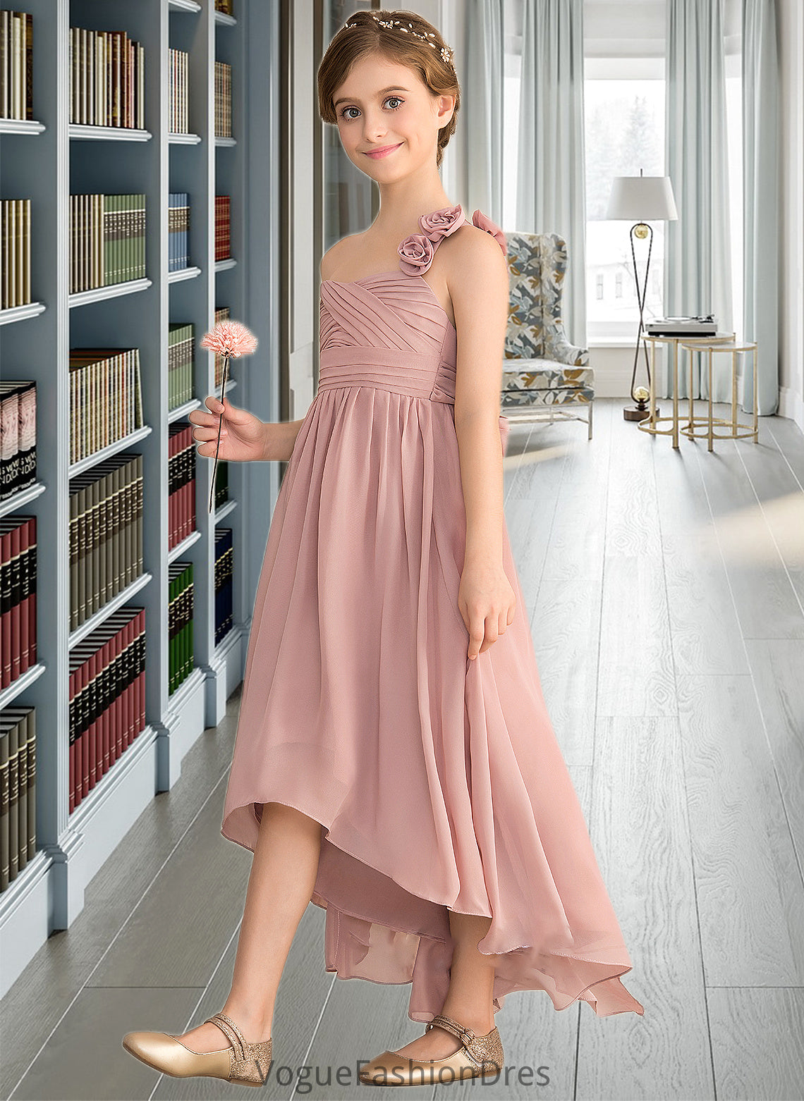 Keyla A-Line One-Shoulder Asymmetrical Chiffon Junior Bridesmaid Dress With Ruffle Flower(s) Bow(s) DKP0013410