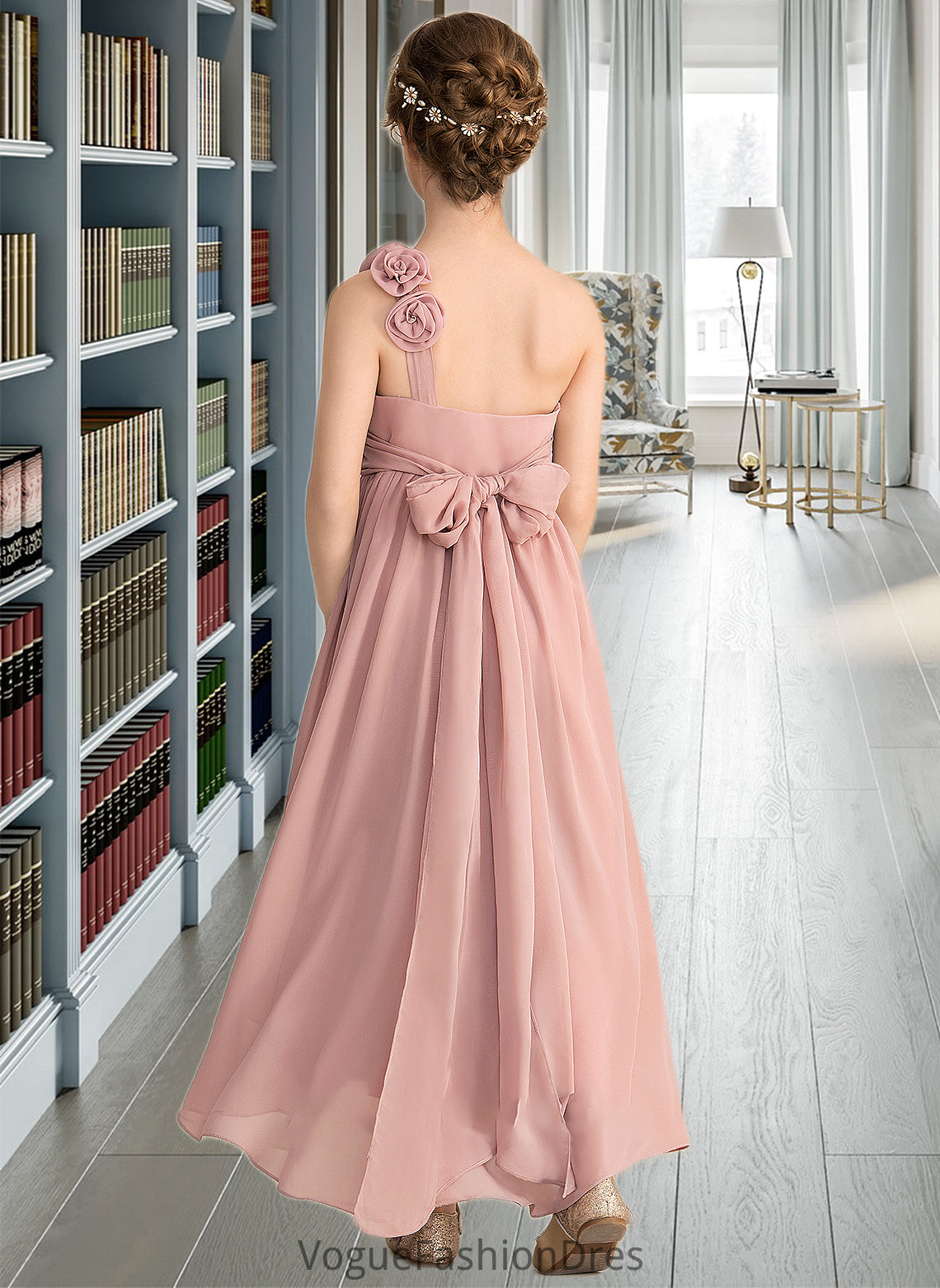 Keyla A-Line One-Shoulder Asymmetrical Chiffon Junior Bridesmaid Dress With Ruffle Flower(s) Bow(s) DKP0013410