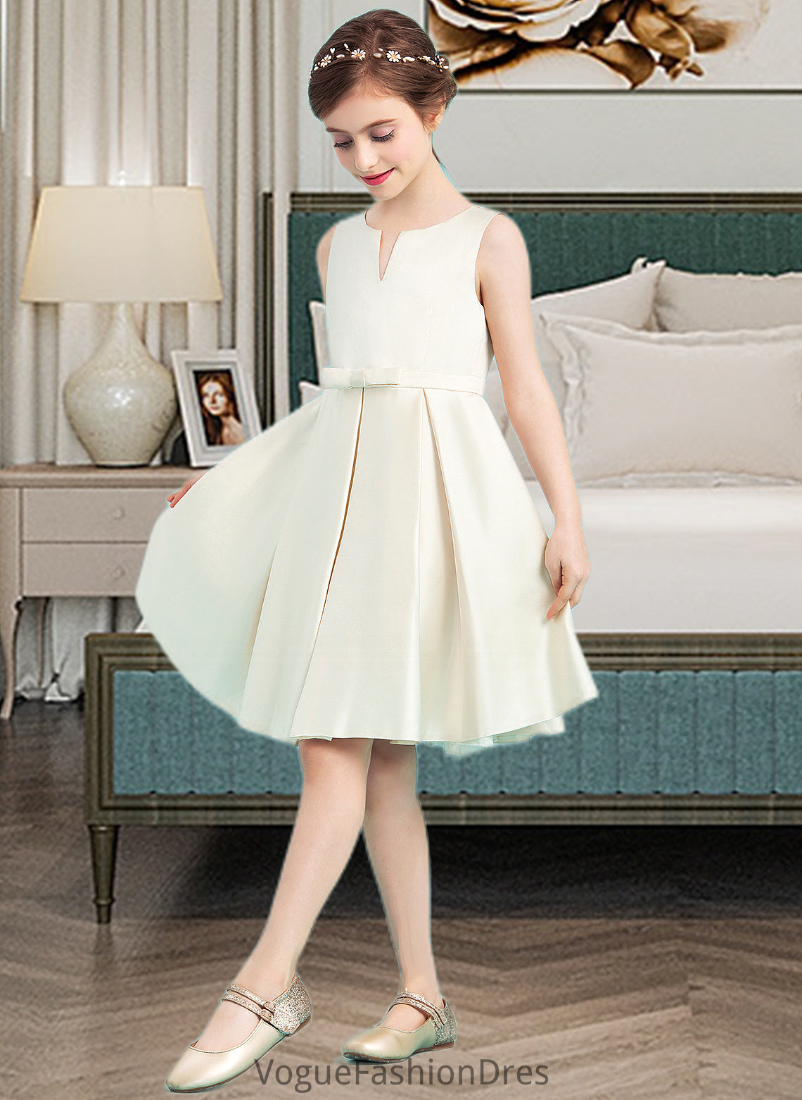 Jessie A-Line Scoop Neck Knee-Length Satin Junior Bridesmaid Dress With Bow(s) DKP0013411