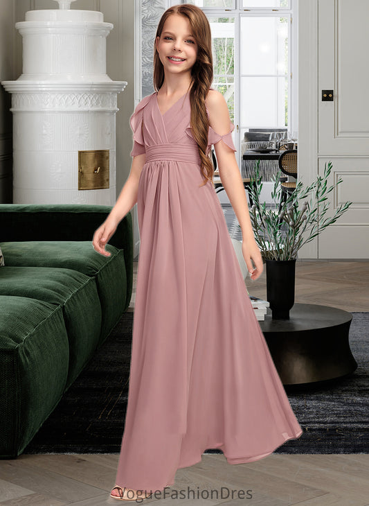 Florence A-Line V-neck Floor-Length Chiffon Junior Bridesmaid Dress With Cascading Ruffles DKP0013413