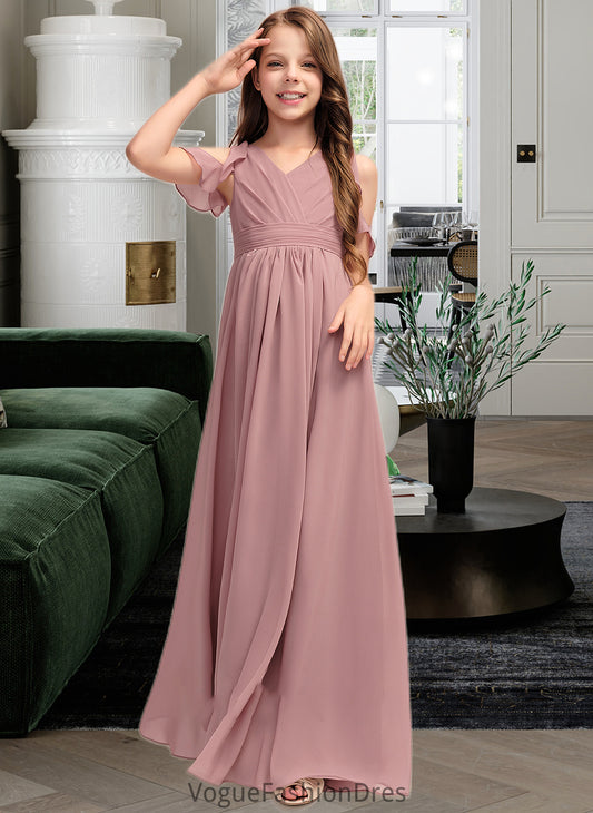 Florence A-Line V-neck Floor-Length Chiffon Junior Bridesmaid Dress With Cascading Ruffles DKP0013413