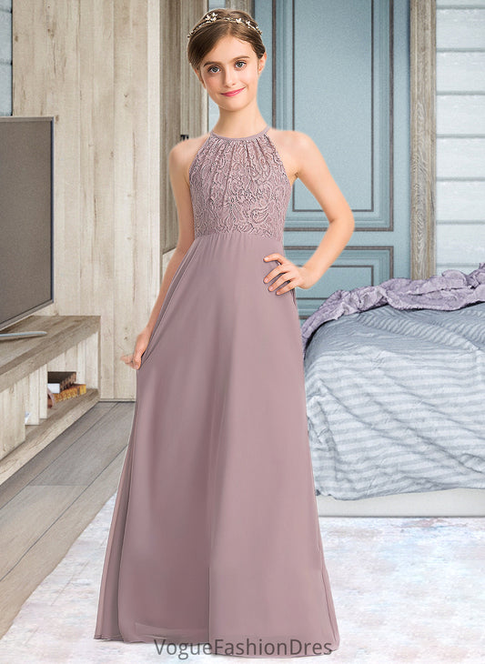 Mckenna A-LineScoopNeckFloor-LengthChiffonLaceJuniorBridesmaidDressWithRuffle#173272 DKP0013416