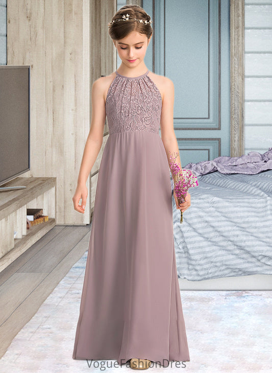 Mckenna A-LineScoopNeckFloor-LengthChiffonLaceJuniorBridesmaidDressWithRuffle#173272 DKP0013416