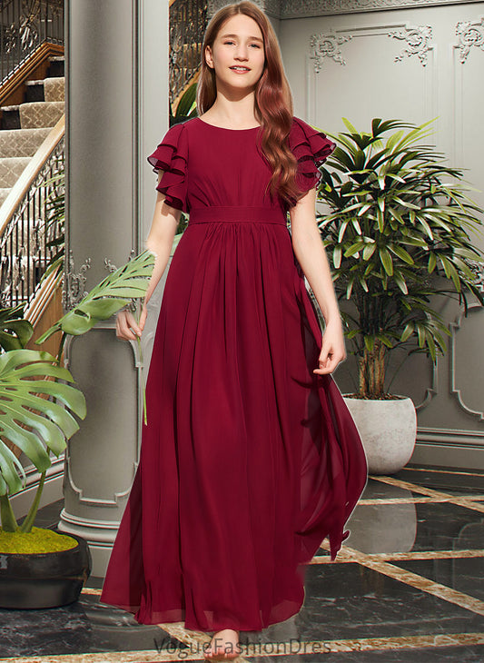 Jessie A-Line Scoop Neck Floor-Length Chiffon Junior Bridesmaid Dress With Cascading Ruffles DKP0013417