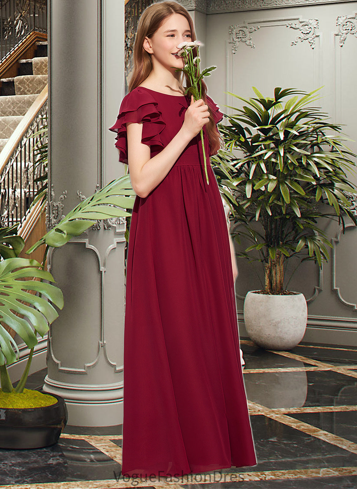 Jessie A-Line Scoop Neck Floor-Length Chiffon Junior Bridesmaid Dress With Cascading Ruffles DKP0013417