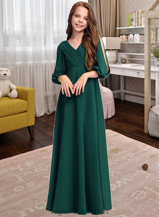 Alanna A-Line V-neck Floor-Length Chiffon Junior Bridesmaid Dress With Ruffles DKP0013427