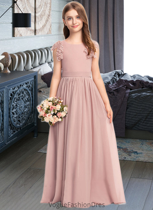 Thalia A-Line Scoop Neck Floor-Length Chiffon Lace Junior Bridesmaid Dress With Bow(s) DKP0013429