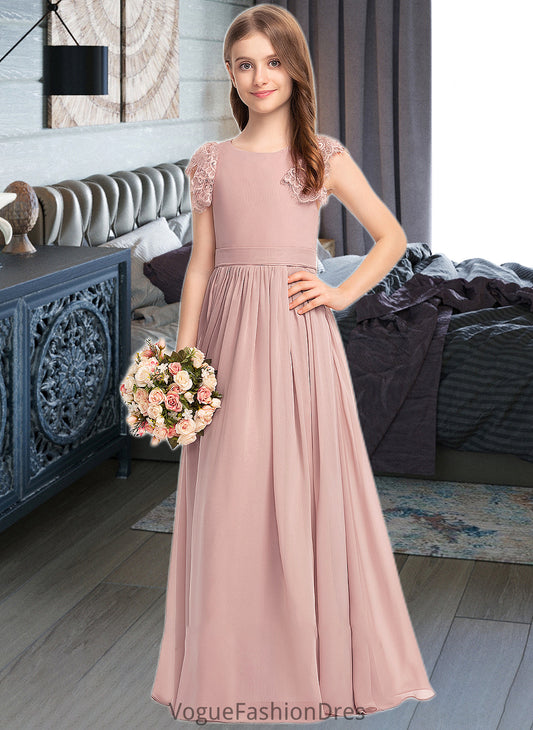 Thalia A-Line Scoop Neck Floor-Length Chiffon Lace Junior Bridesmaid Dress With Bow(s) DKP0013429