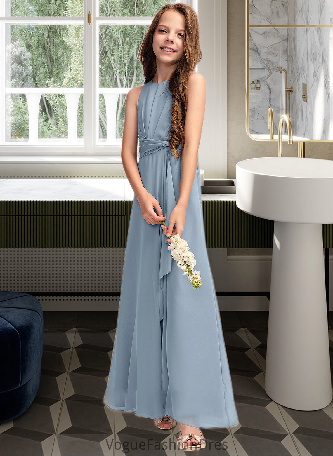 Josephine A-Line Scoop Neck Floor-Length Chiffon Junior Bridesmaid Dress With Cascading Ruffles DKP0013450