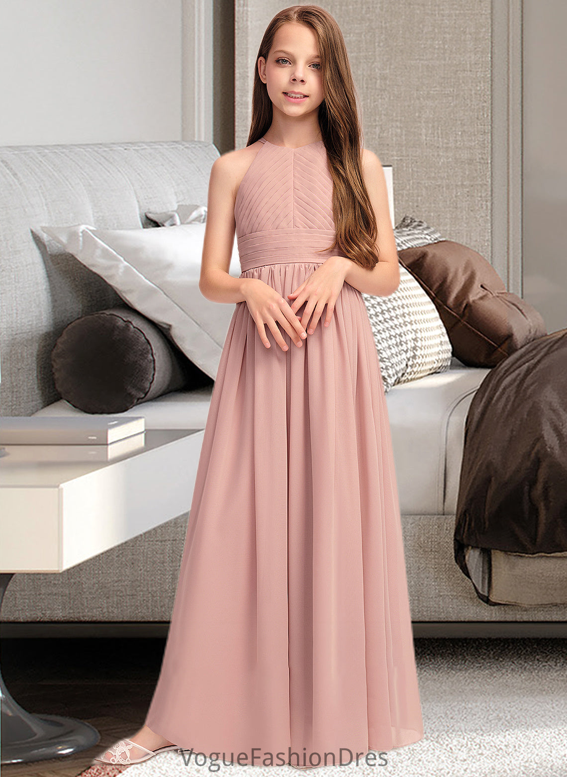 Haylee A-Line Scoop Neck Floor-Length Chiffon Junior Bridesmaid Dress With Ruffle DKP0013451