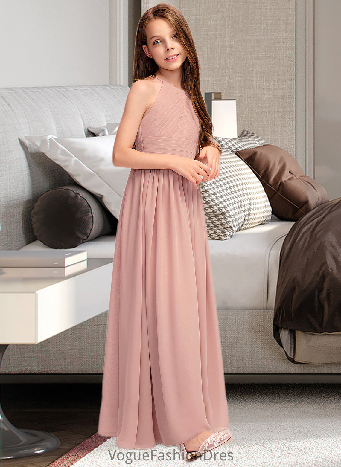 Haylee A-Line Scoop Neck Floor-Length Chiffon Junior Bridesmaid Dress With Ruffle DKP0013451