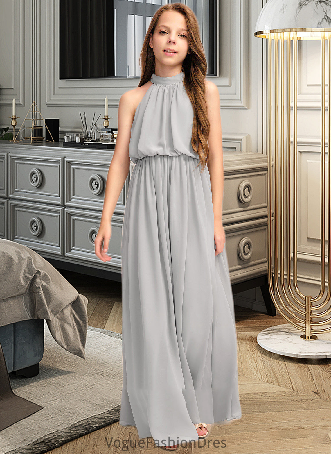 Avery A-Line High Neck Floor-Length Chiffon Junior Bridesmaid Dress With Ruffle DKP0013452