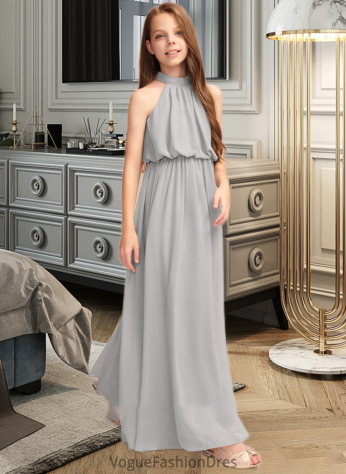 Avery A-Line High Neck Floor-Length Chiffon Junior Bridesmaid Dress With Ruffle DKP0013452