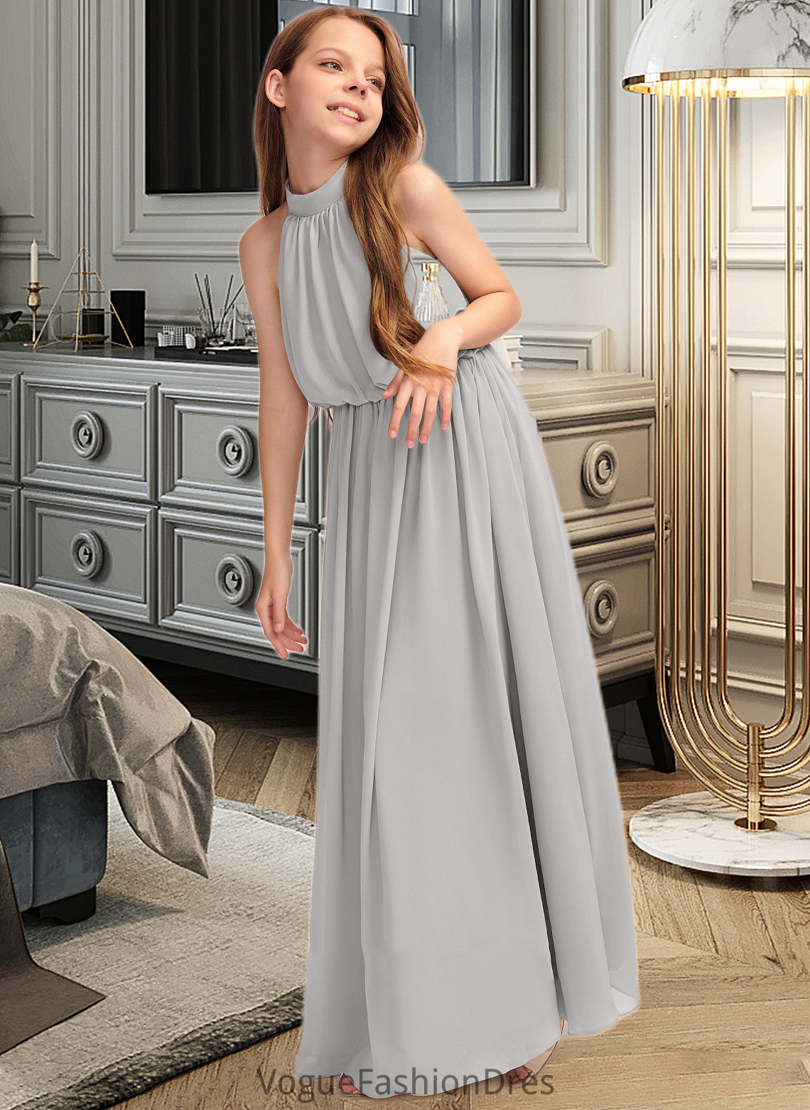 Avery A-Line High Neck Floor-Length Chiffon Junior Bridesmaid Dress With Ruffle DKP0013452