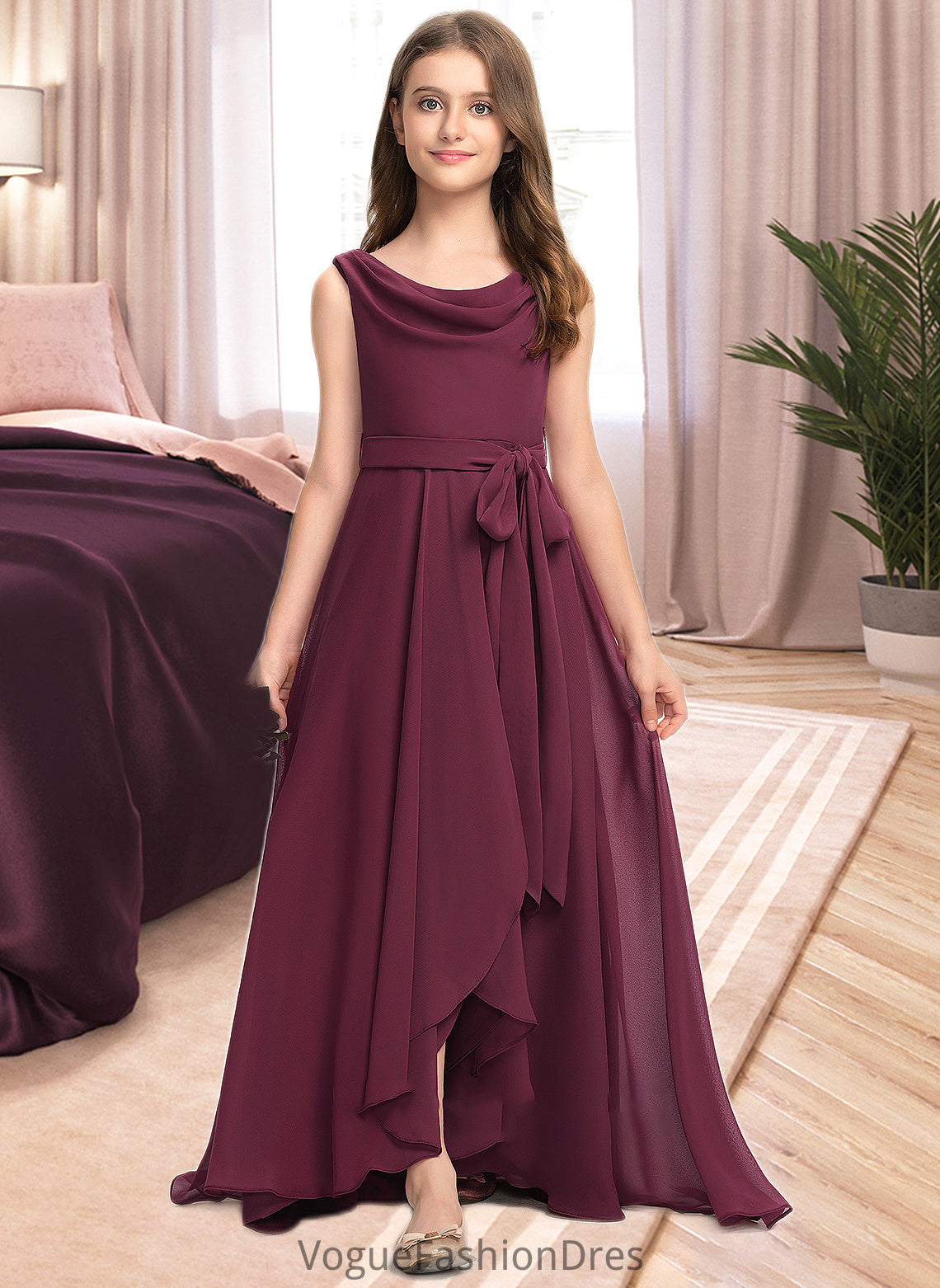 Anaya A-Line Cowl Neck Asymmetrical Chiffon Junior Bridesmaid Dress With Bow(s) DKP0013454