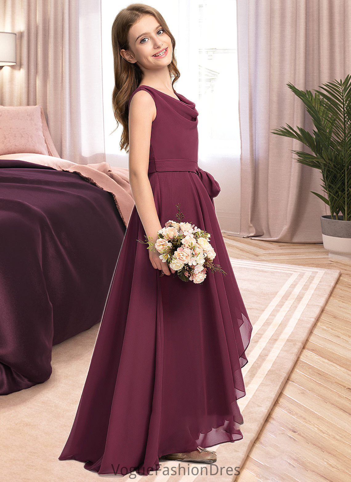 Anaya A-Line Cowl Neck Asymmetrical Chiffon Junior Bridesmaid Dress With Bow(s) DKP0013454