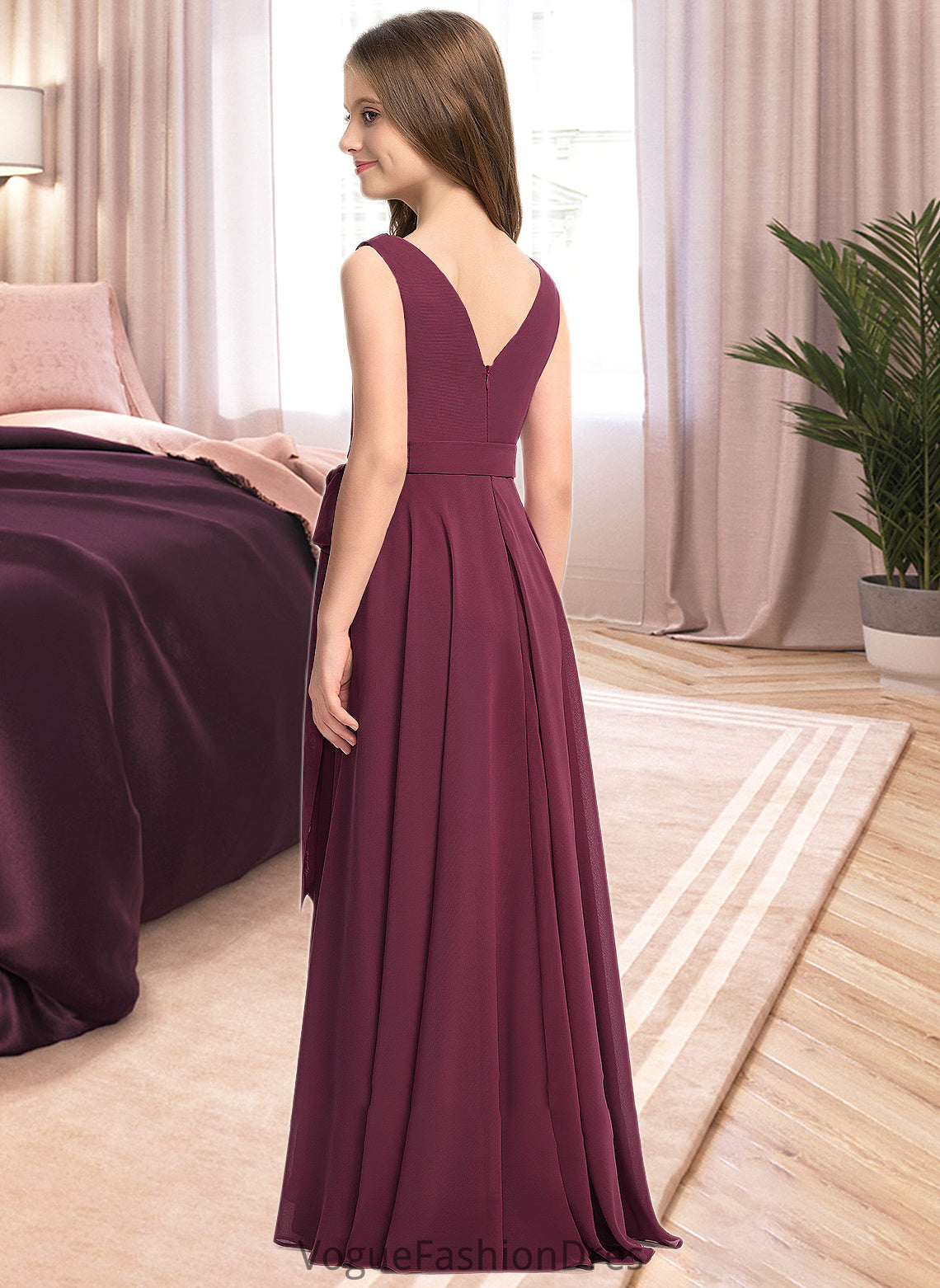 Anaya A-Line Cowl Neck Asymmetrical Chiffon Junior Bridesmaid Dress With Bow(s) DKP0013454