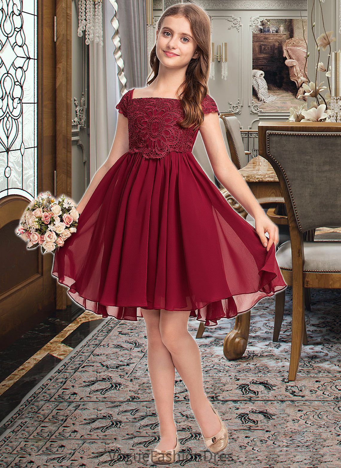 Daphne A-Line Off-the-Shoulder Knee-Length Chiffon Lace Junior Bridesmaid Dress With Bow(s) DKP0013456