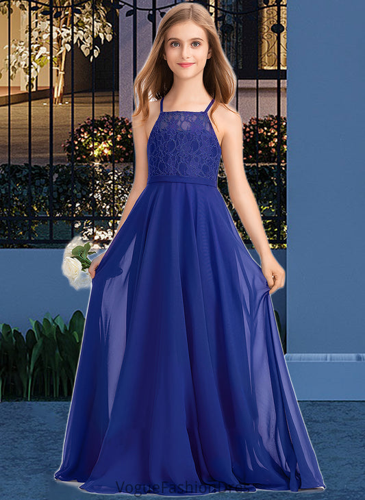 Ireland A-Line Square Neckline Floor-Length Chiffon Lace Junior Bridesmaid Dress DKP0013457