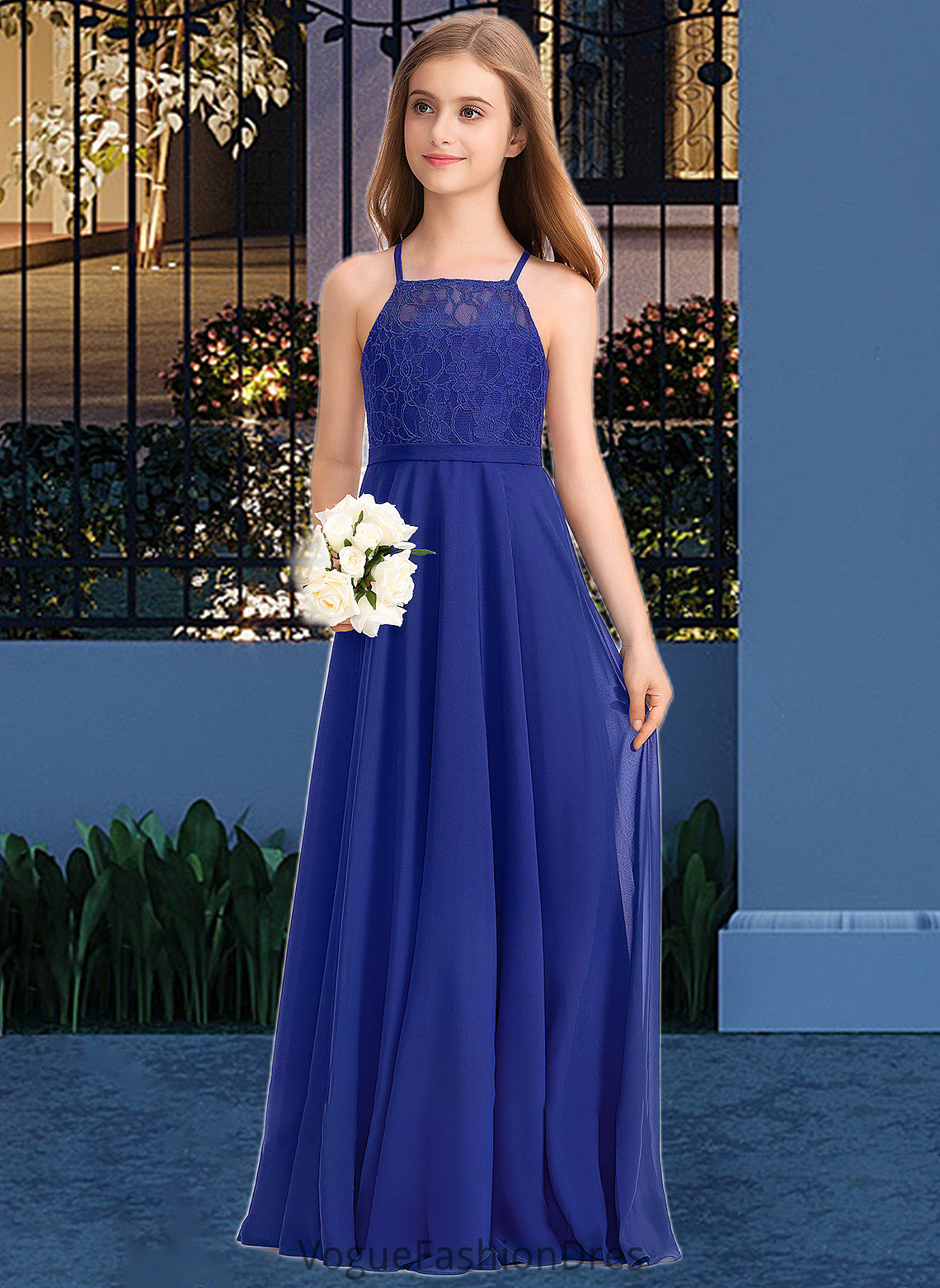 Ireland A-Line Square Neckline Floor-Length Chiffon Lace Junior Bridesmaid Dress DKP0013457